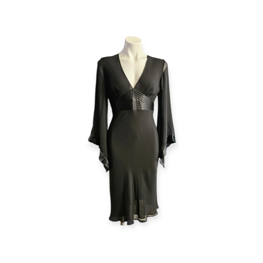 Vintage Express 100% Silk Black Bell Sleeve Midi Dress